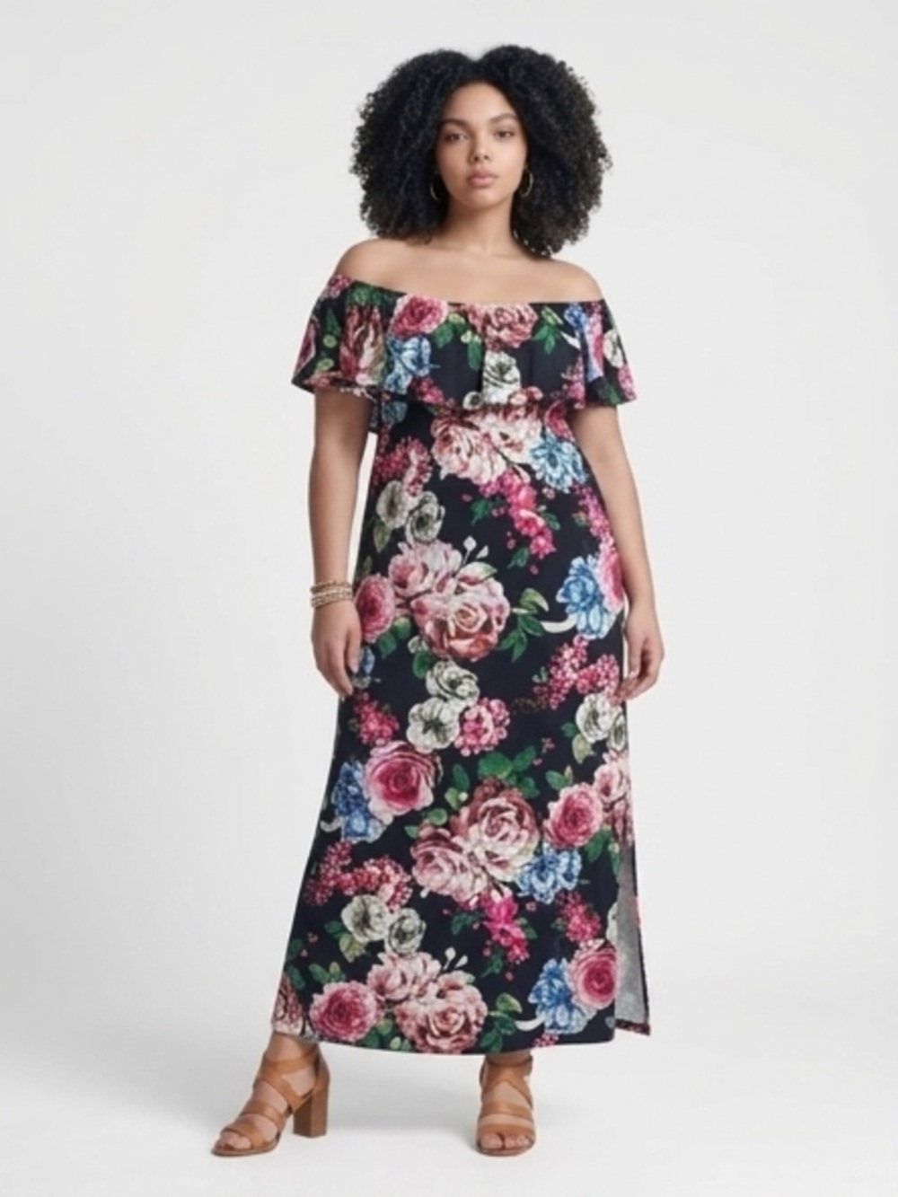 Off-Shoulder Floral Maxi Dress in Black and Pink